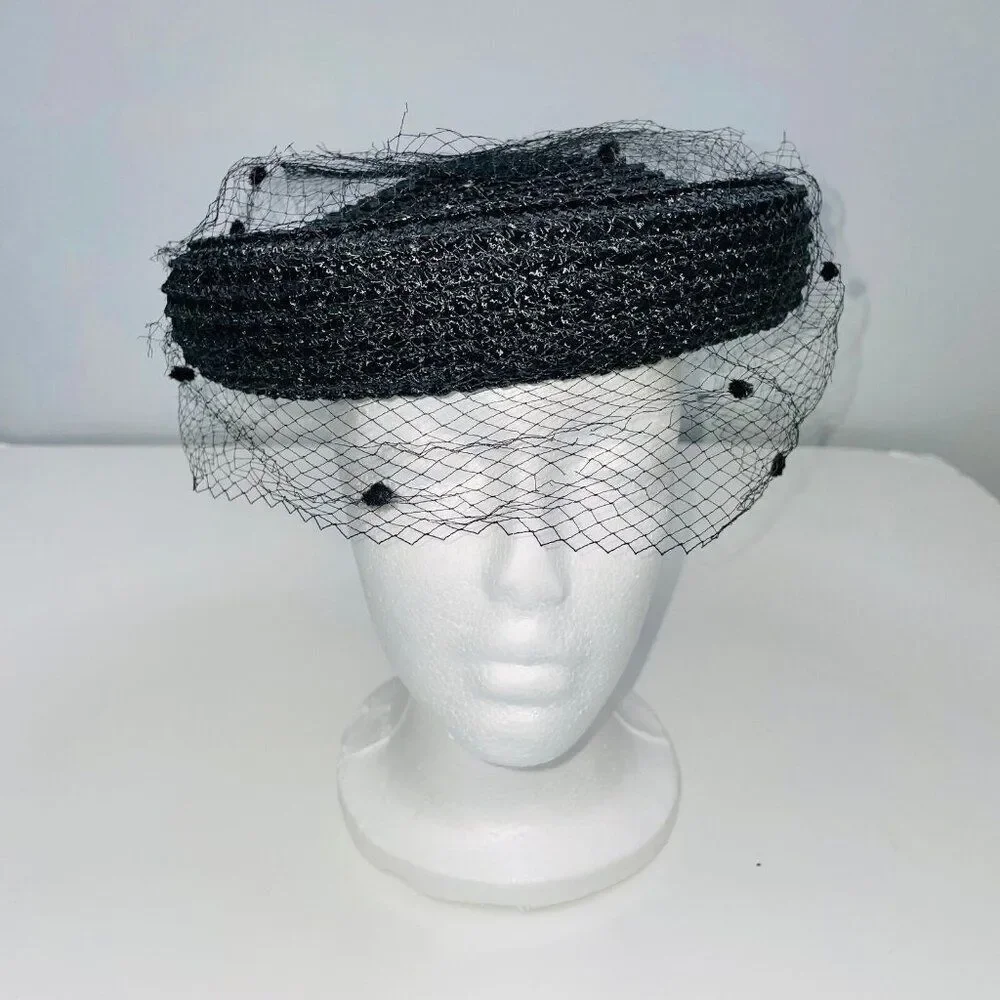 Vintage Womens Hat Black Pillbox Church Netting Bow Wedding Costume Theatre